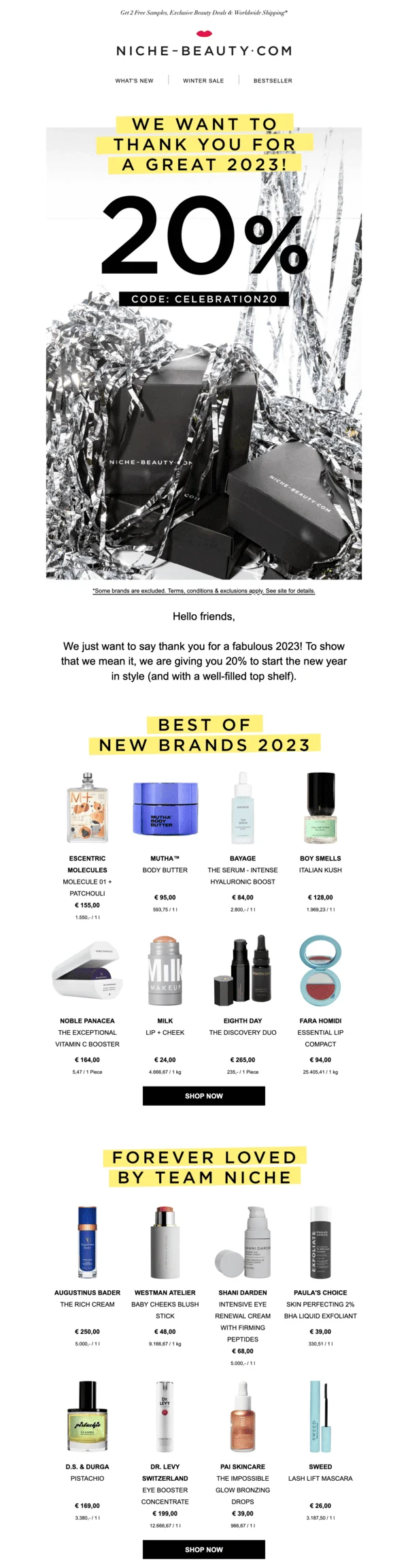 New Year email from Niche Beauty about a 20% discount with a promo code