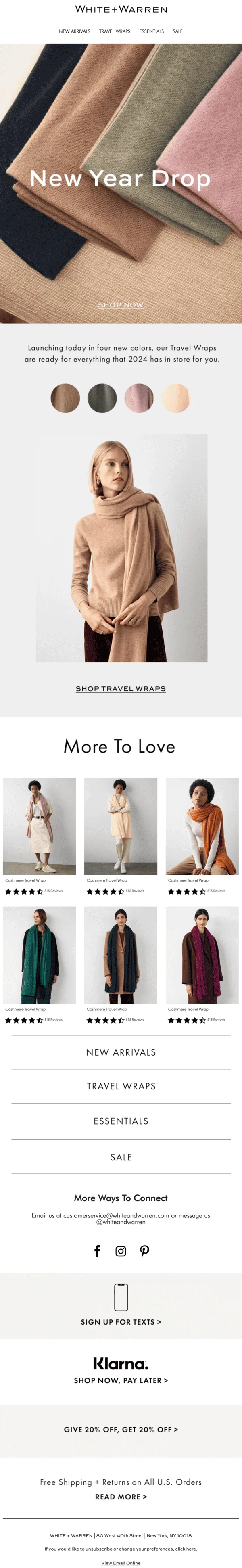 An email from White + Warren promoting the brand’s New Year drop — 4 new colorways of their scarves
