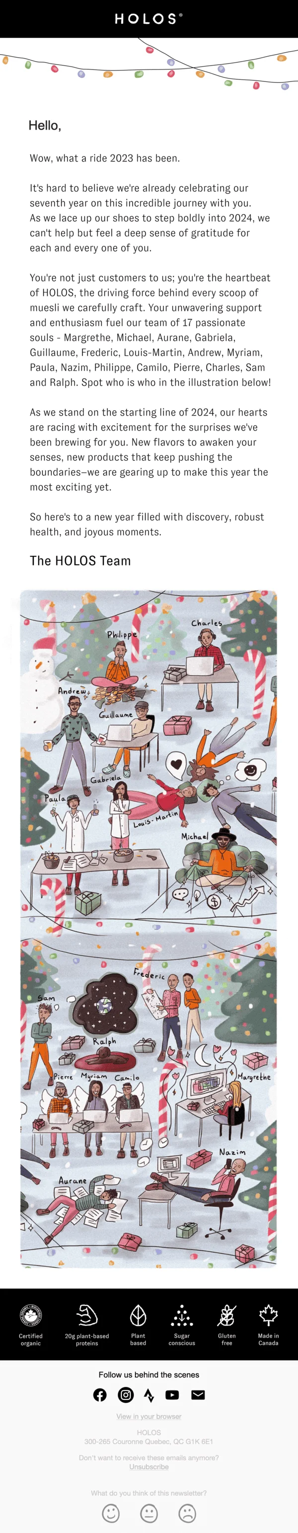 New Year newsletter from HOLOS thanking the customers, naming each of the 17 employees of the brand, and expressing excitement for the upcoming year. Below the copy, there is an illustration showing all the HOLOS team members in an office setting.
