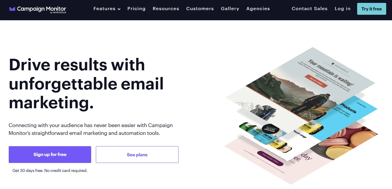 Campaign Monitor email marketing platform homepage with the heading “Drive results with unforgettable email marketing.”