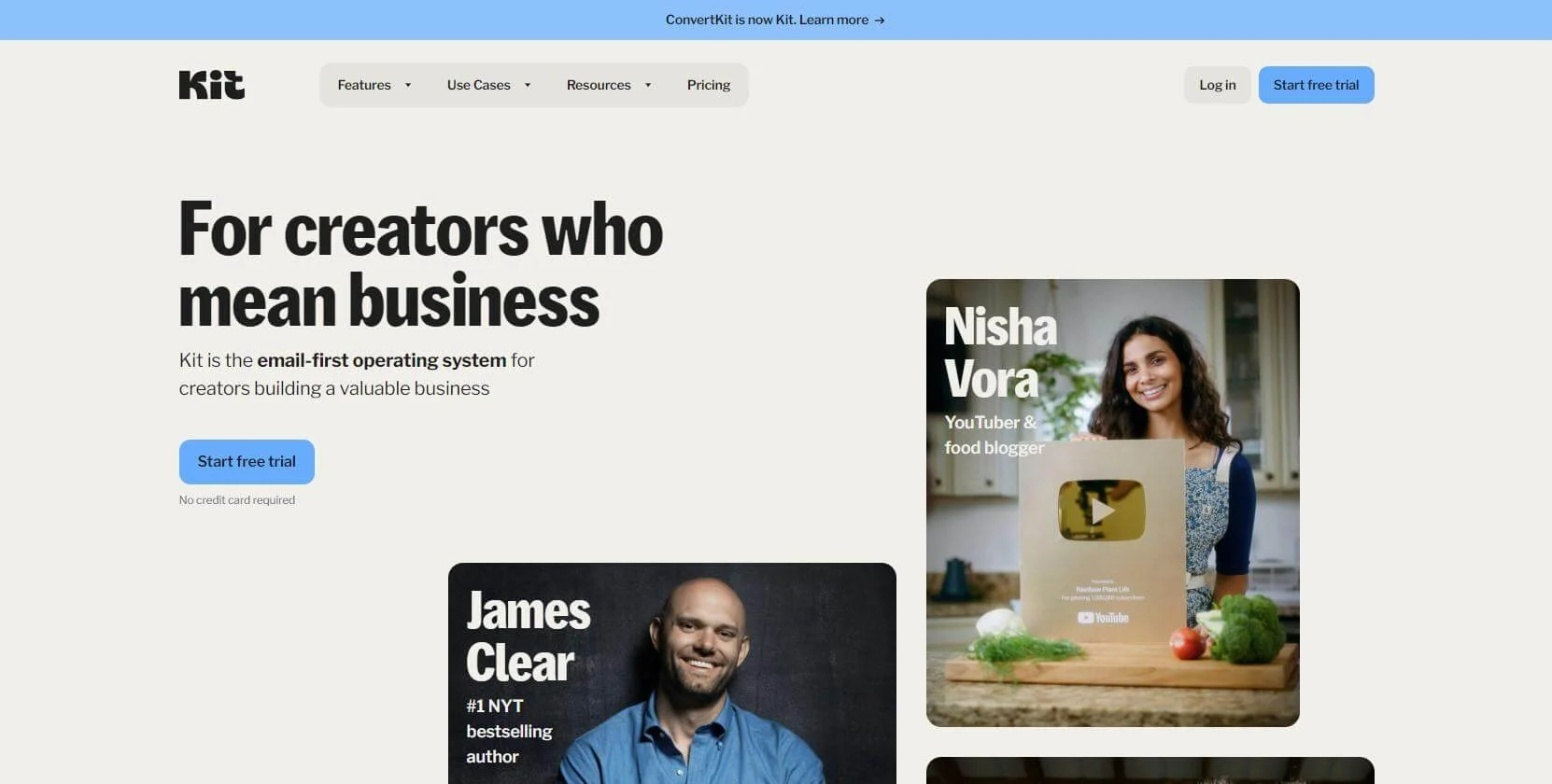 Kit email marketing platform homepage with the heading “For creators who mean business”