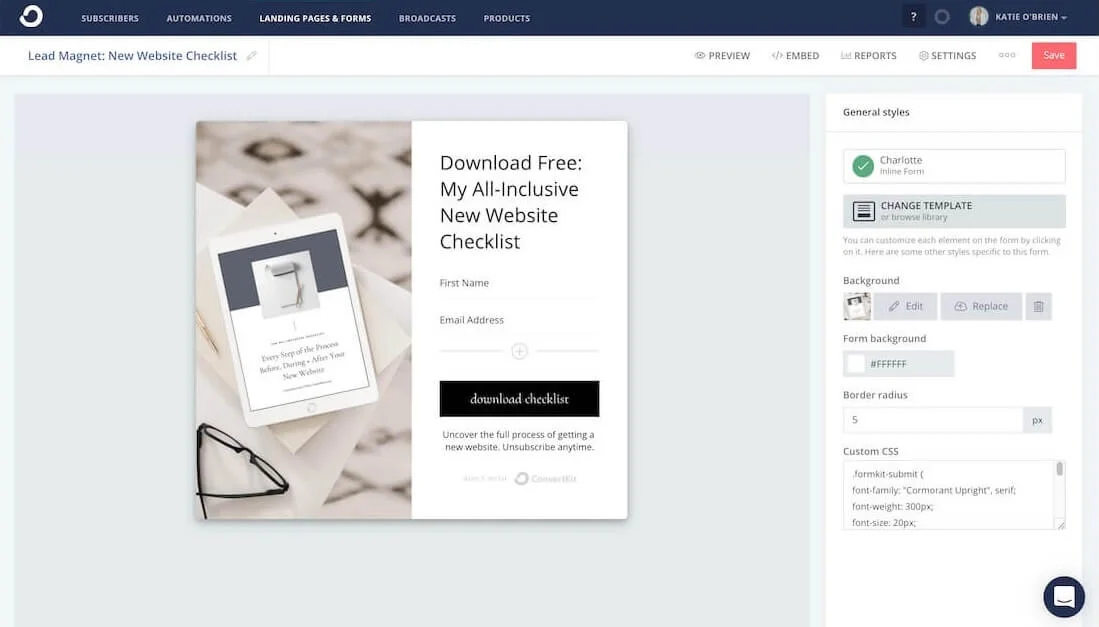 ConvertKit website builder interface