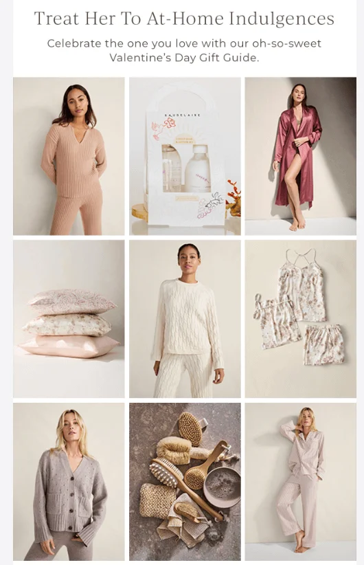 A fragment of an email from Haven Well showcasing a bunch of photos of women in comfy clothes and a tagline “Treat her to at-home indulgences”