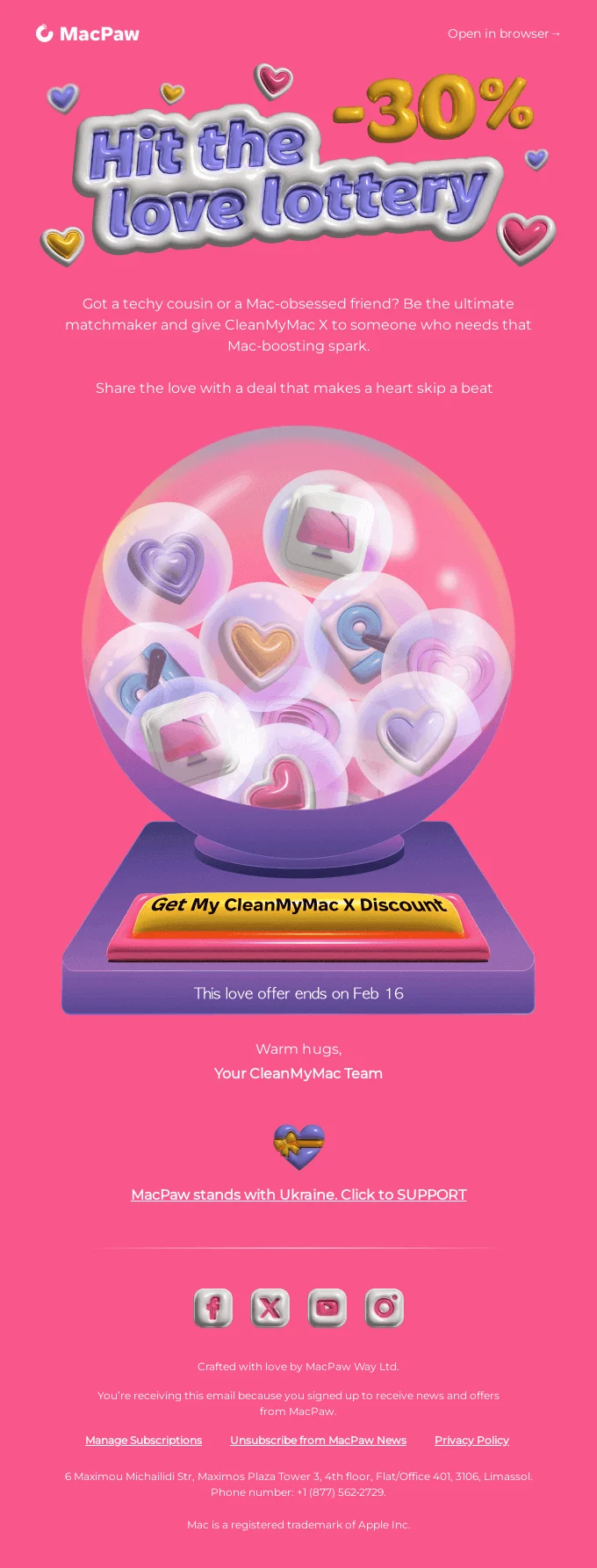 Email from MacPaw promoting a lottery and featuring bold 3D graphics on a bright pink background
