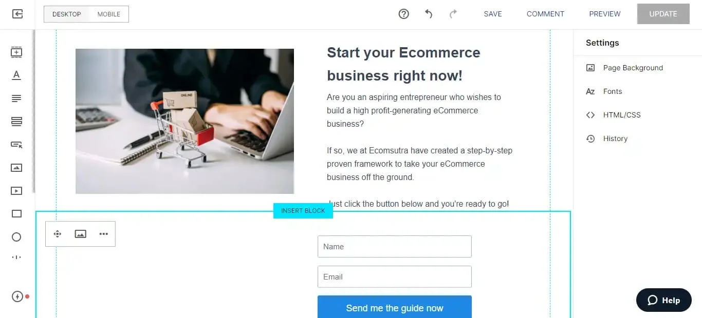 Instapage website builder interface