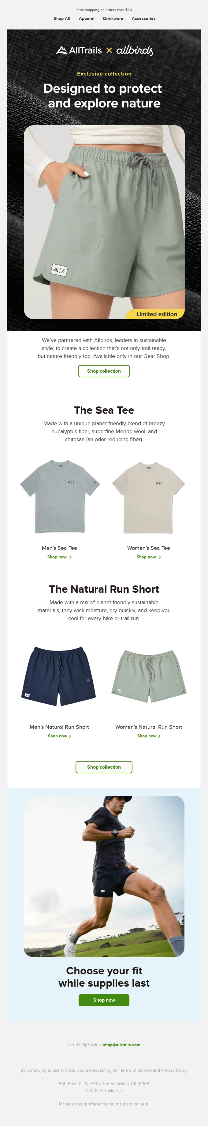 Allbirds product email with relevant sustainability message.
