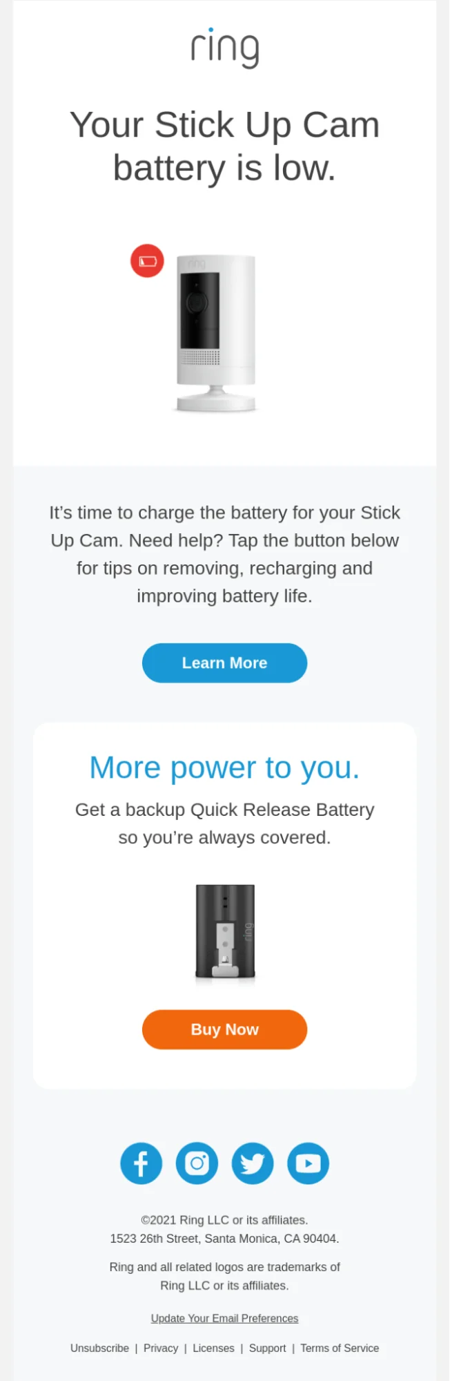 Ring email with “low battery” reminder and extra option to buy an upgraded battery