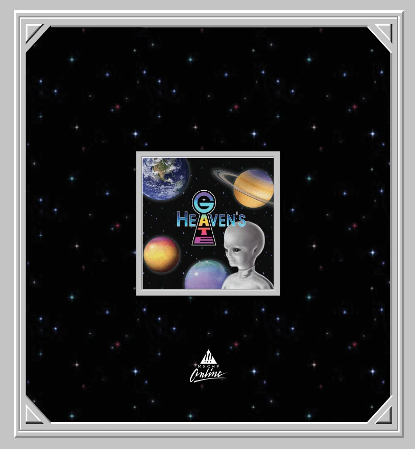 A screenshot from the Email Capsule Collection website featuring a logo of Heaven’s Gate cult, an image of an alien, stars, and planets