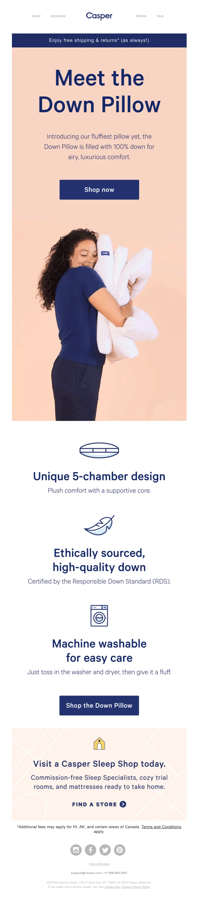 Casper email with an extensive list of sales propositions and “settle into snuggle season” header