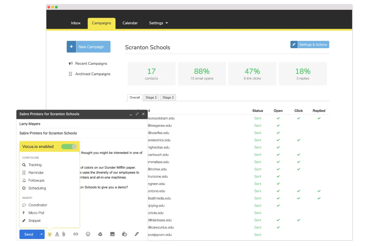 Vocus lets you track the status and performance of your emails with a simple interface