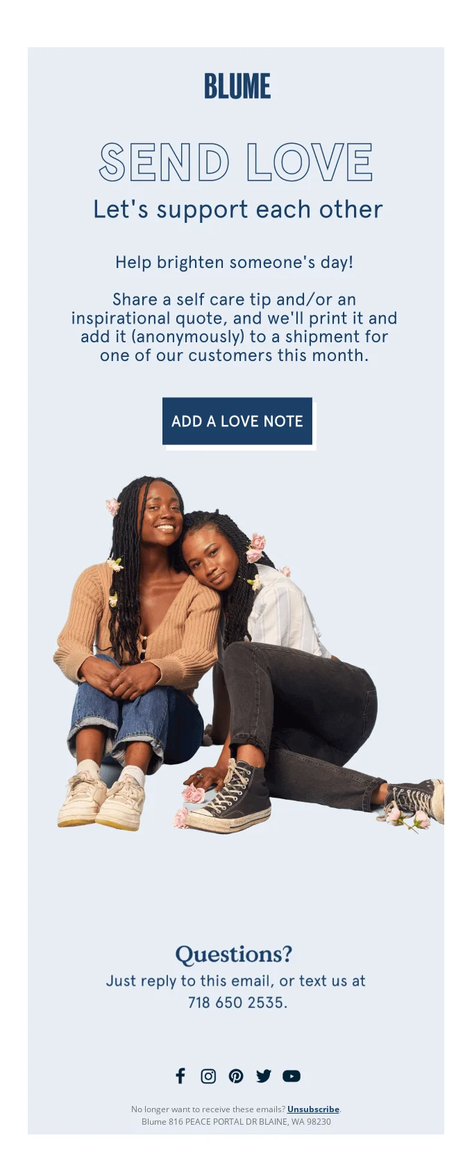 Blume email with “Send Love” header offering to send some kind words that would be randomly sent to one of the customers.