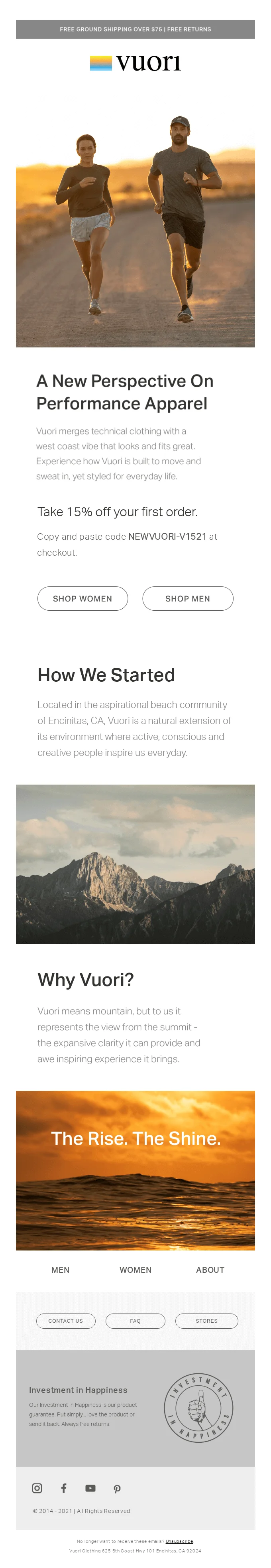 Welcome email from Vuori with an inspiring message in the beginning and a bit of storytelling