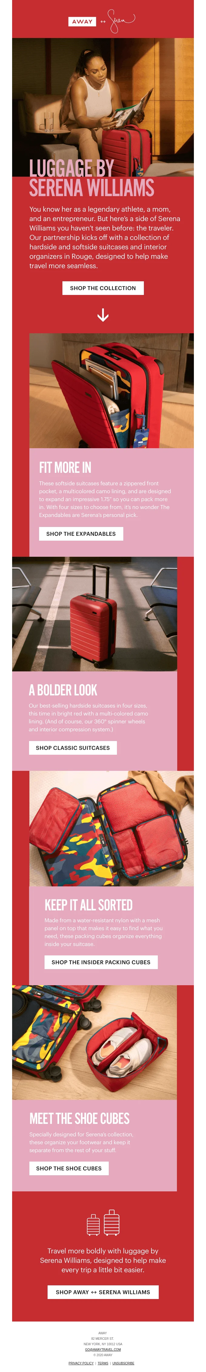 Away’s product email with Serena Williams collection and its USPs.
