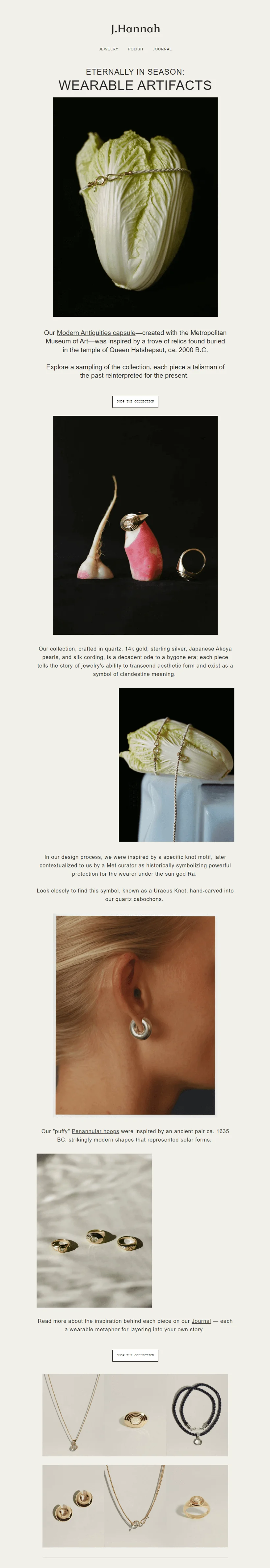 Email from J. Hannah Jewelry that announces a new collection and features product photos with jewelry pieces put on vegetables
