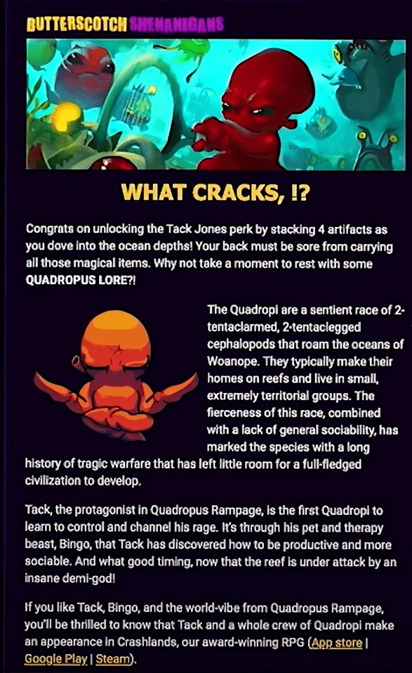 Email from Butterscotch Shenanigans that introduces an unlockable character, its race, and backstory