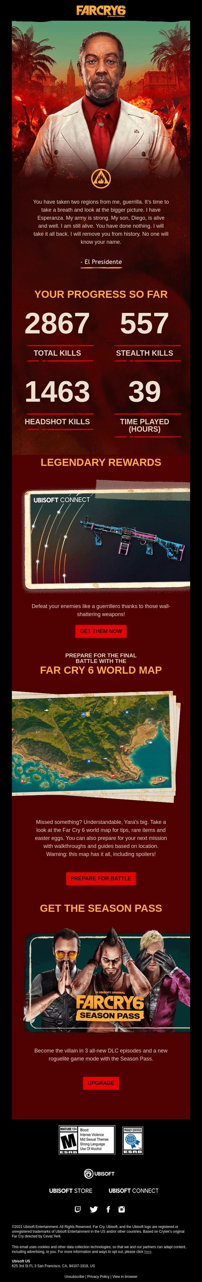 Email from Far Cry 6 that features gamer’s stats like the number of kills and time played, and also promotes an interactive map as a reward.