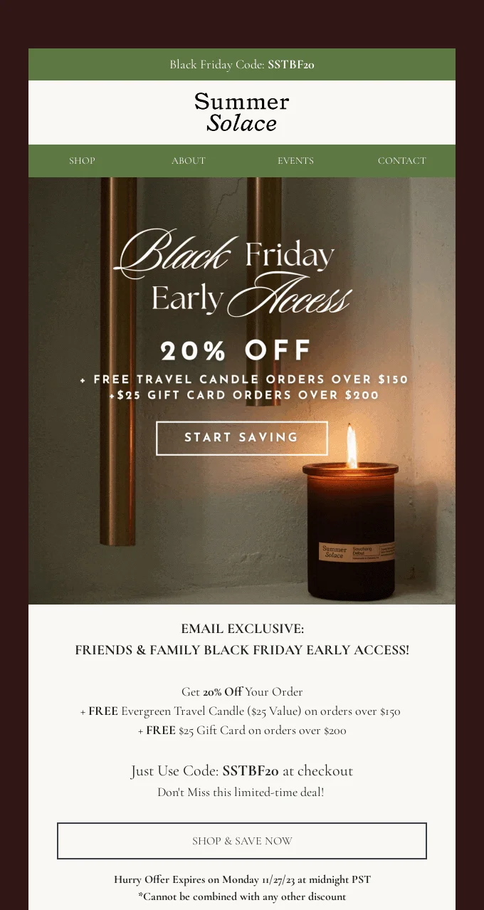 An email that reengages a subscriber by offering early access and a discount