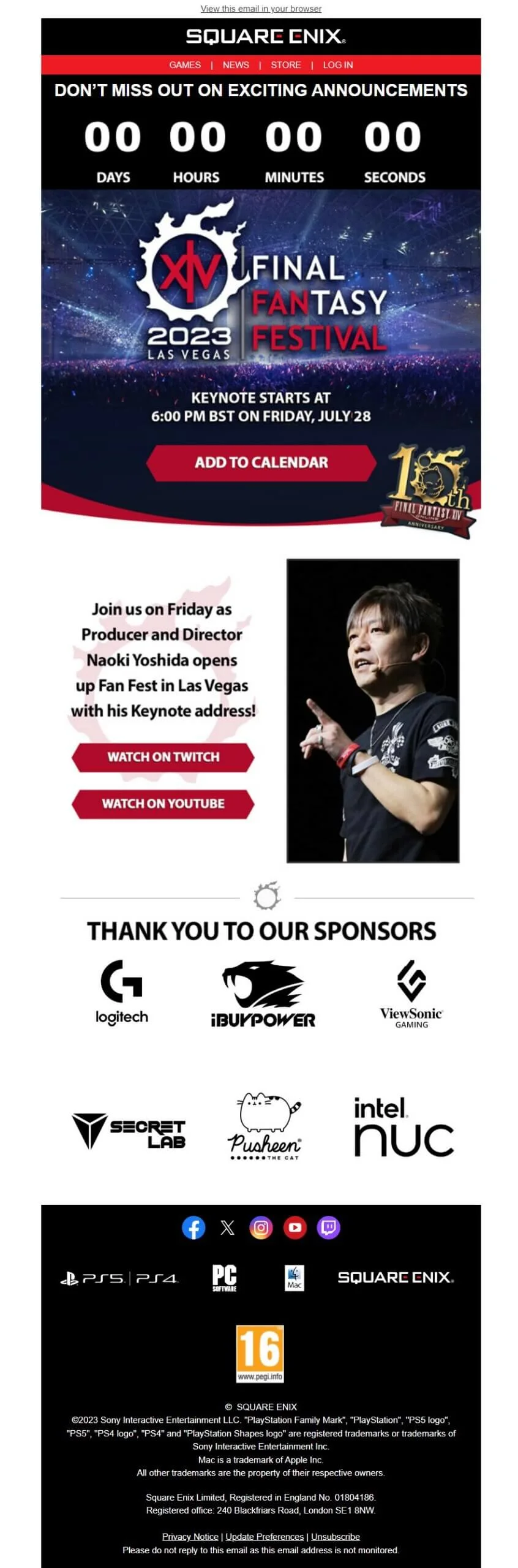 An email from Square Enix promoting a Final Fantasy-themed festival in Las Vegas and using a countdown timer to create urgency