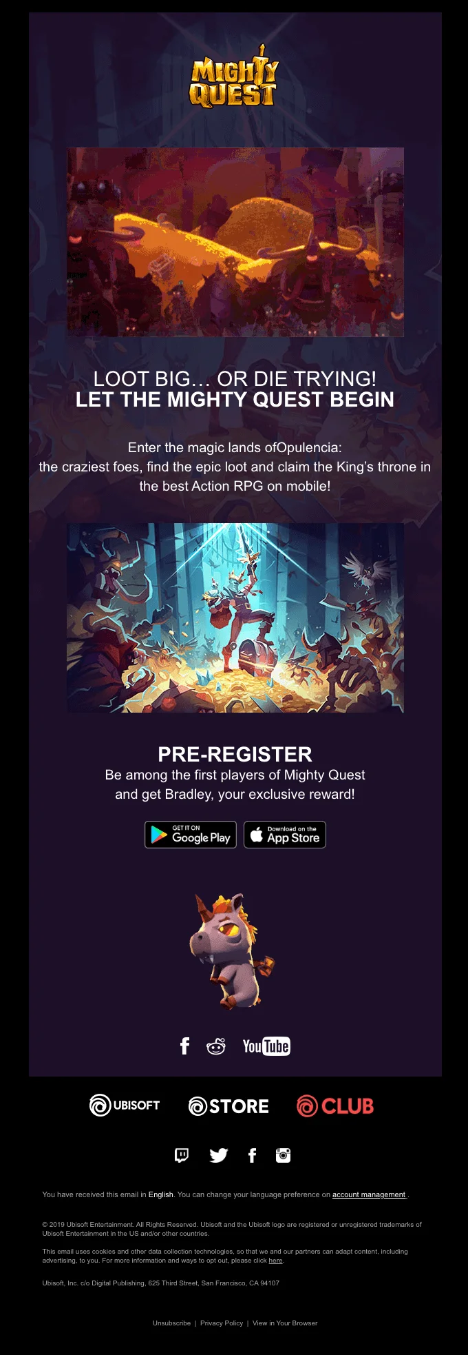 An email from Ubisoft promoting the Mighty Quest game with a tagline “Loot big or die trying”