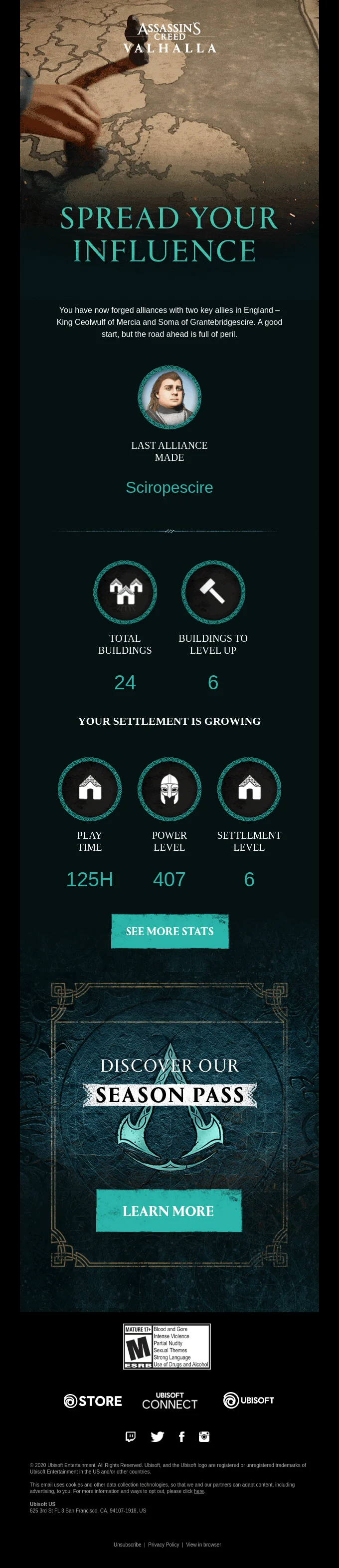 An email from Ubisoft promoting Assassin’s Creed Valhalla with player stats and an invitation to form more alliances and “spread the influence”