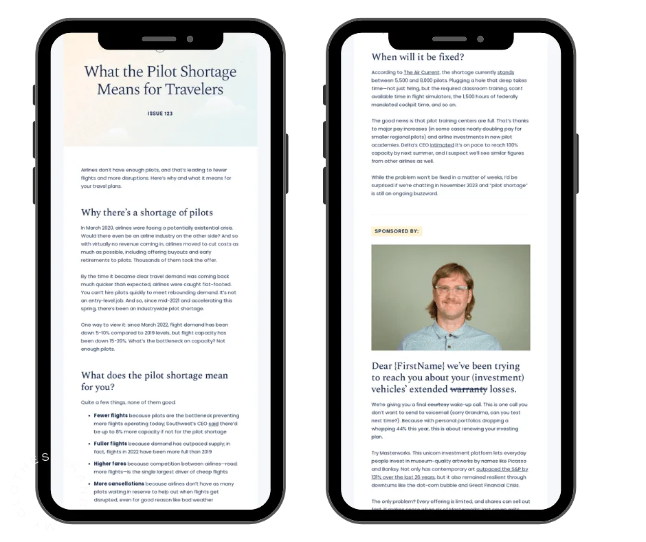 Email newsletter containing a long text and unclear message as an example of mobile unresponsiveness