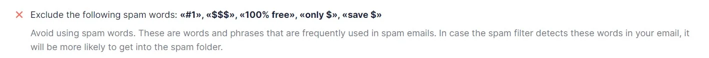 Part of spam check results recommending to exclude spam words like “#1”, “$$$”, “100% free”, etc