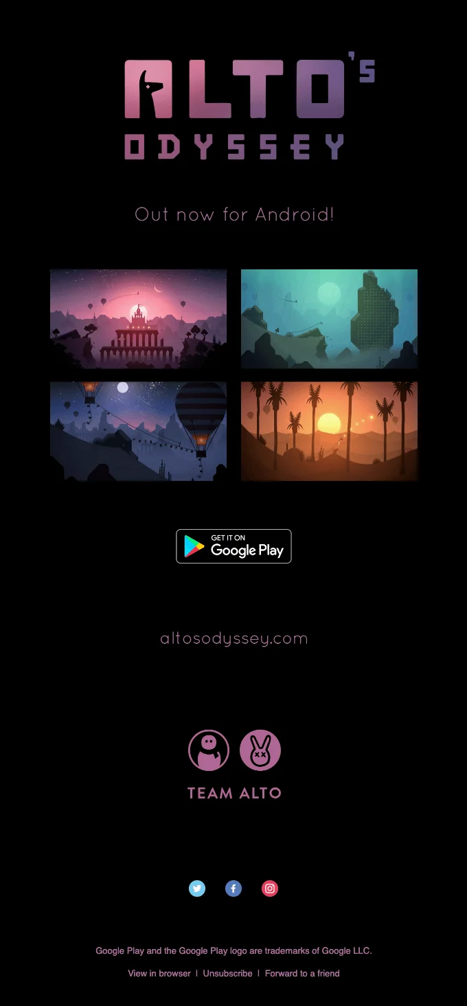 A release update email from Team Alto that features a very short copy and high-quality screenshots of the game with pastel colors and beautiful landscapes.