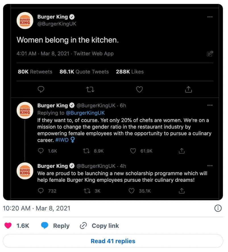 Burger King’s marketing fail tweet and the following tweets clarifying the meaning of the first one