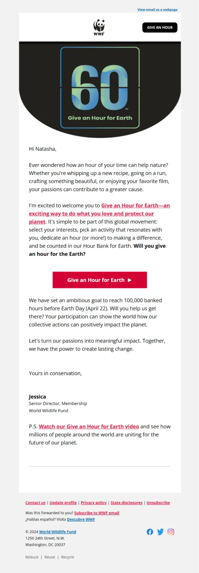 A minimalistic Earth Day email from WWF announcing the organization’s Give an Hour for Earth initiative more than a month prior to the holiday
