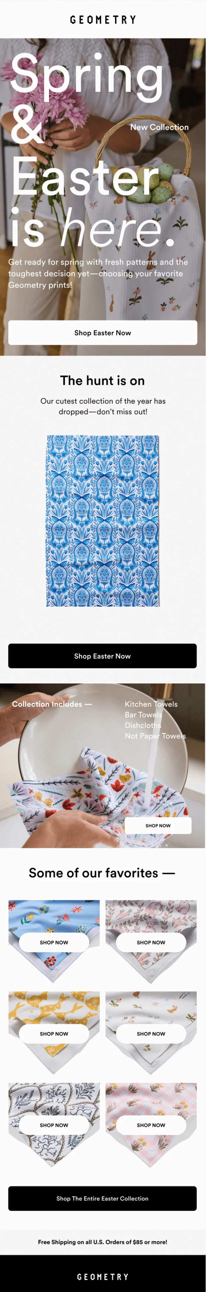 An Easter email with the photo of a woman holding flowers and an egg basket
