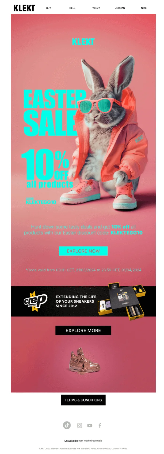 An Easter email with the tagline Easter Sale and a bunny in sunglasses