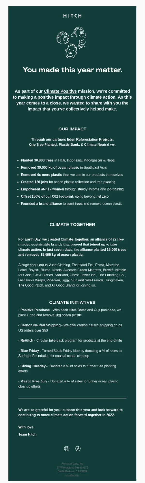An Earth Day email example from Hitch highlighting the company’s environmental impact through various partnerships