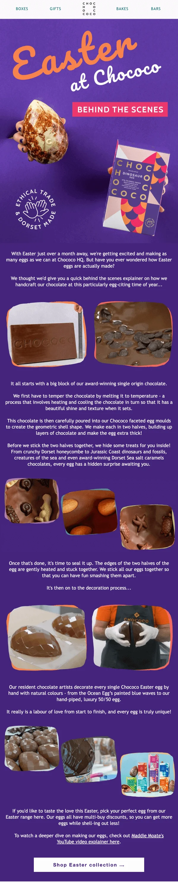 An email featuring photos of chocolate and the chocolate egg-making process, accompanied by a text explanation