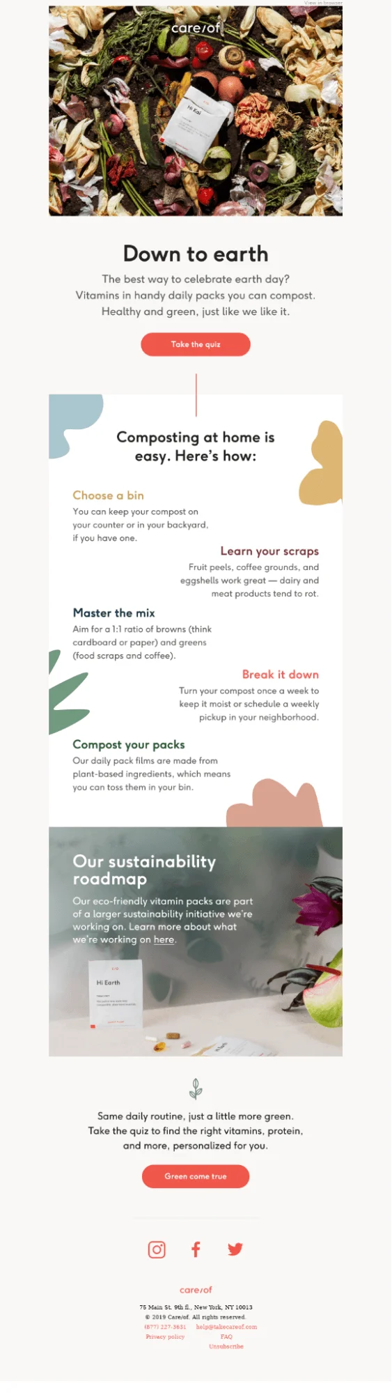 An Earth Day email from Care/of with a step-by-step guide on composting