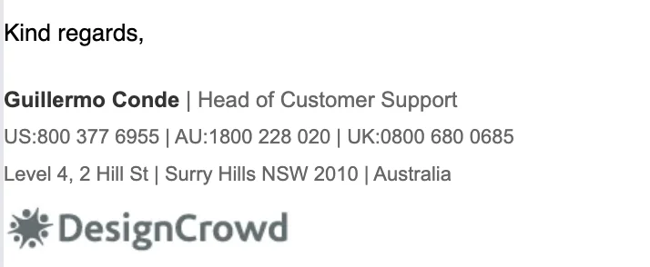 Email sign-off by DesignCrowd with a closing line, name, job title and contact information