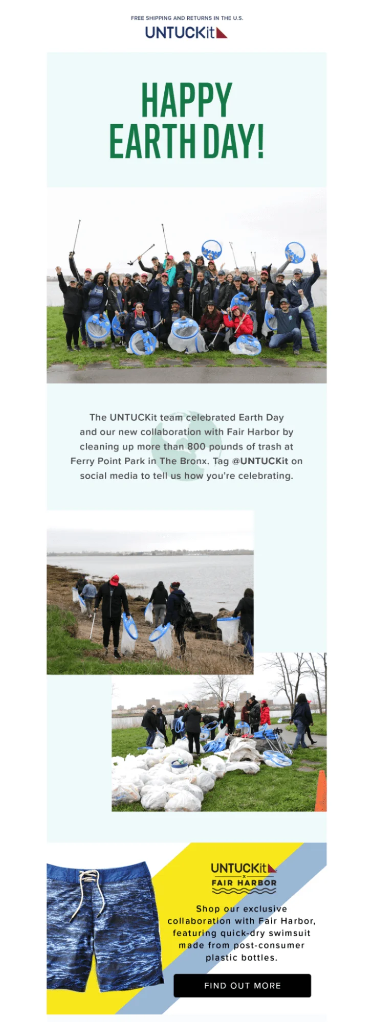 An Earth Day from UNTUCKit that applies visual storytelling to showcase the company’s employees collecting garbage on the seashore