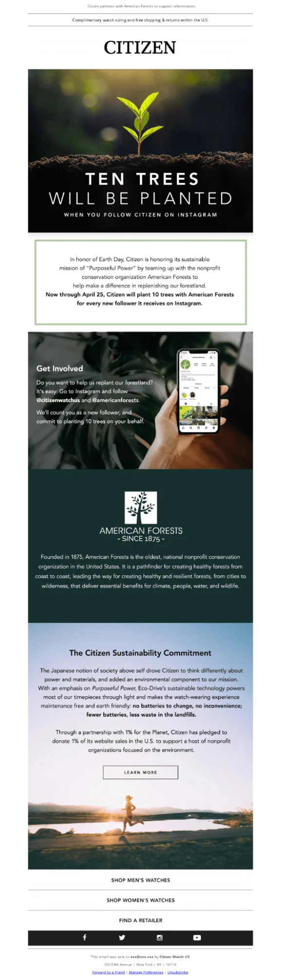 An Earth Day email from Citizen features eco-friendly images such as a young plant and a serene morning landscape