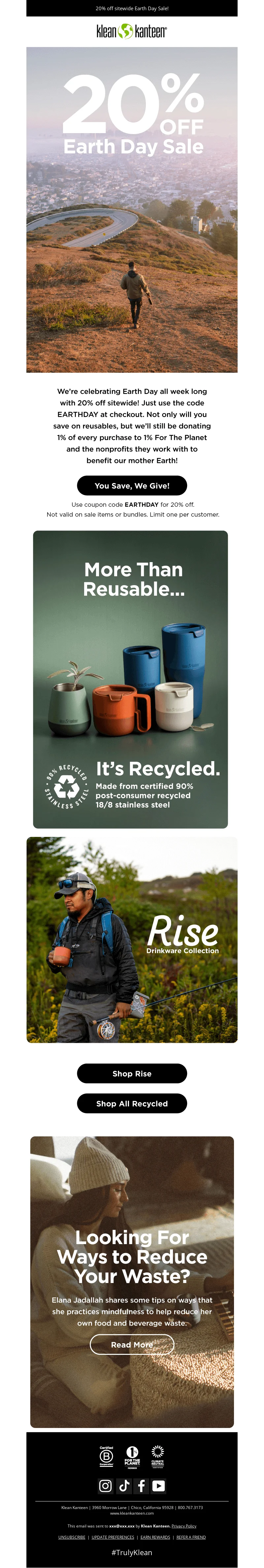 Earth day sale email from Klean Kanteen