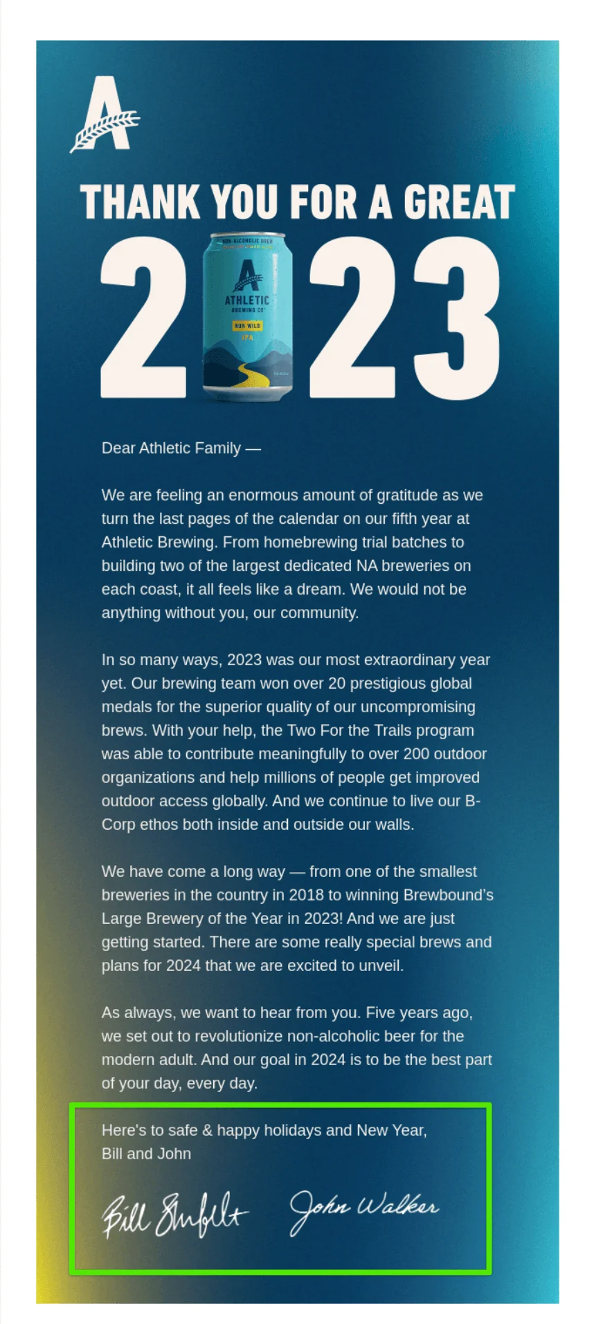 Thank you email from Athletic with a sign-off the reads “Here’s to safe & happy holidays and New Year, Bill and John”