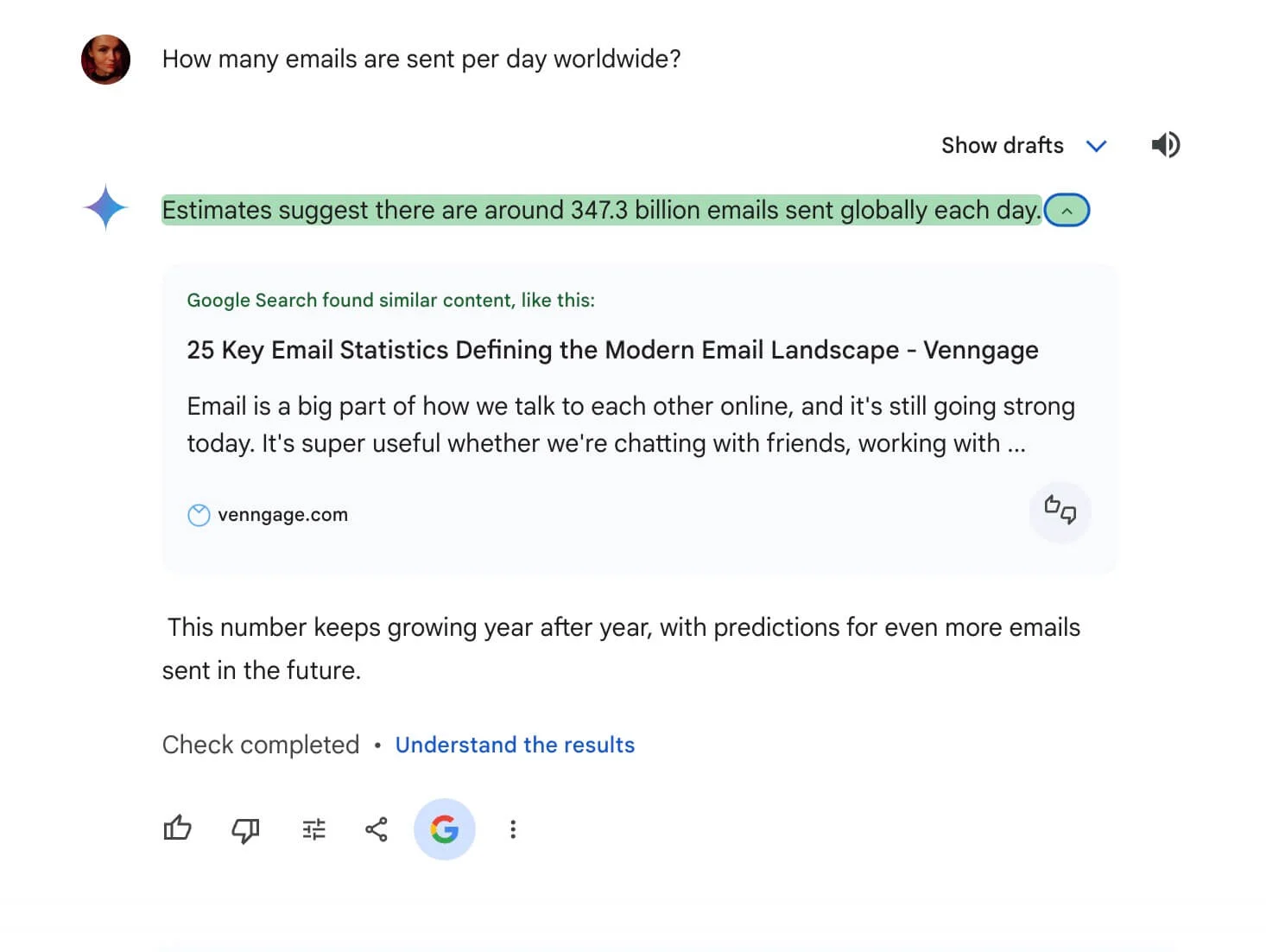 Testing Gemini factual correctness by asking How many emails are sent per day worldwide and getting the answer 347.3 billion