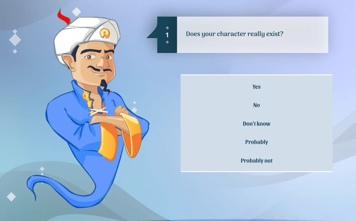 Akinator screenshot, the bot asks the question “Does your character really exist?”