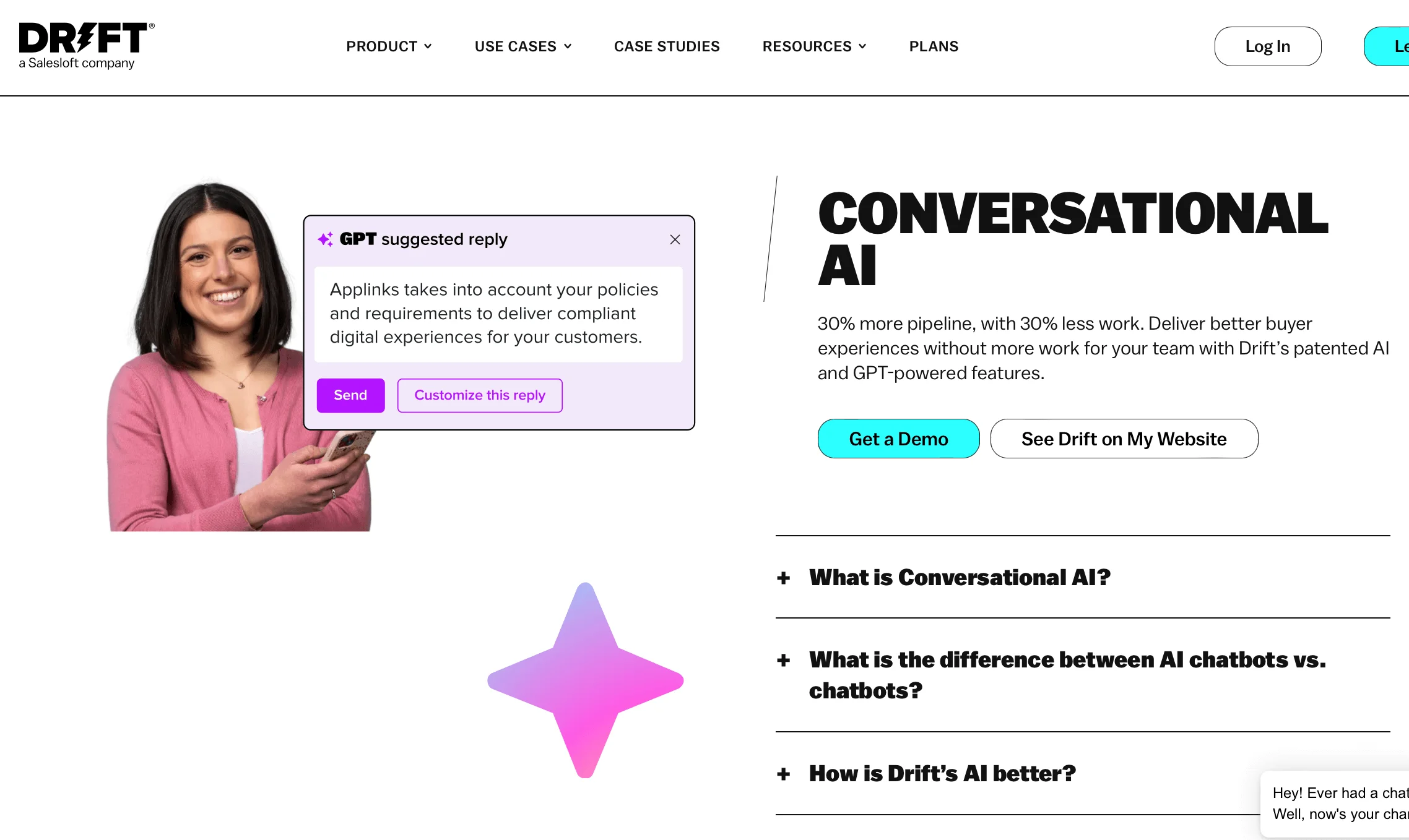 Drift conversational AI ad that claims to increase the pipeline by 30% with 30% less work