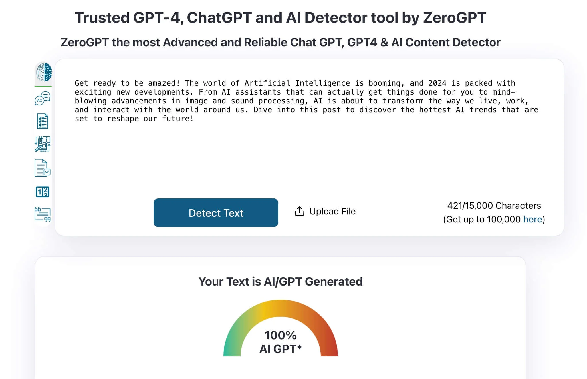 Gemini initial draft AI detection test results showing that the text was 100% generated