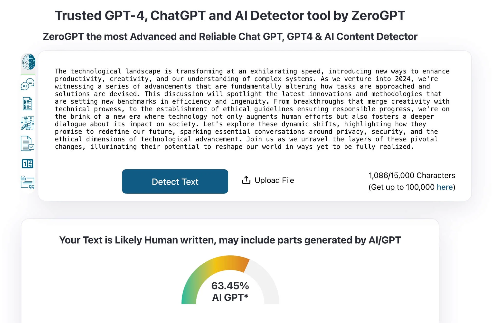 ChatGPT adjusted draft AI detection test results showing that the text is 63.45% is likely to have been AI-generated