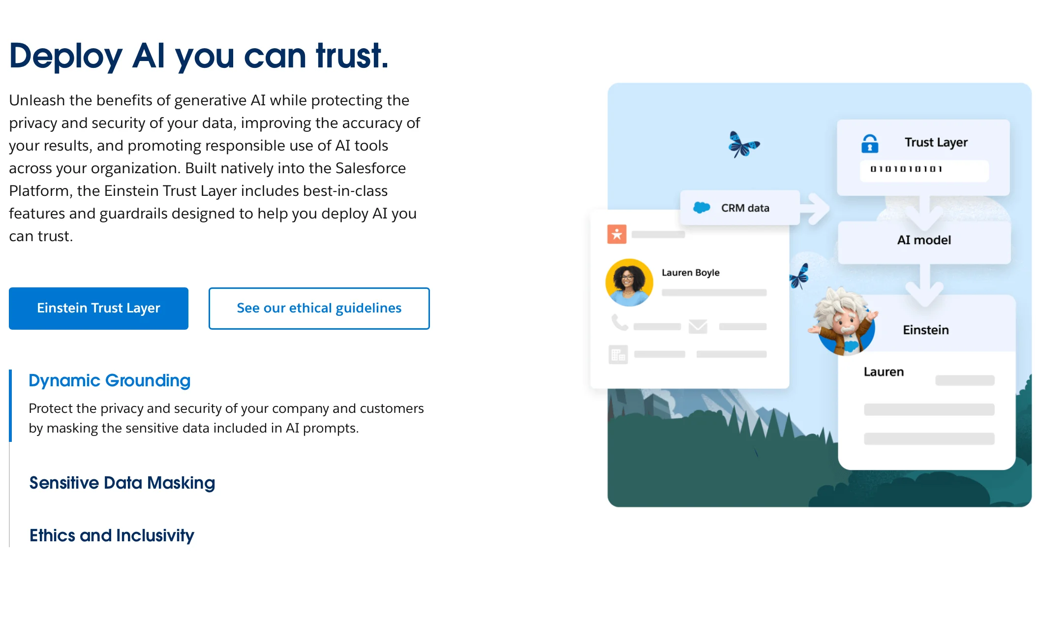 Salesforce Einstein chatbot ad claiming ethical AI development and an AI you can trust
