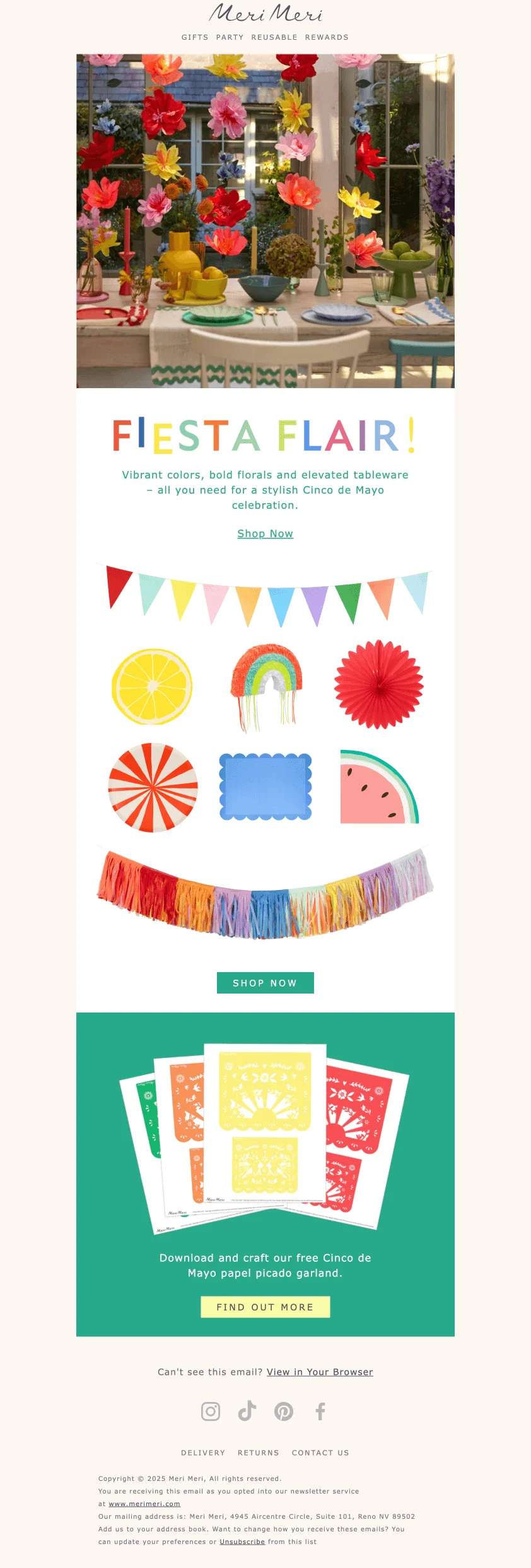 A Cinco de Mayo email with the photo of a table set up for celebration and a banner “Fiesta Flair!”