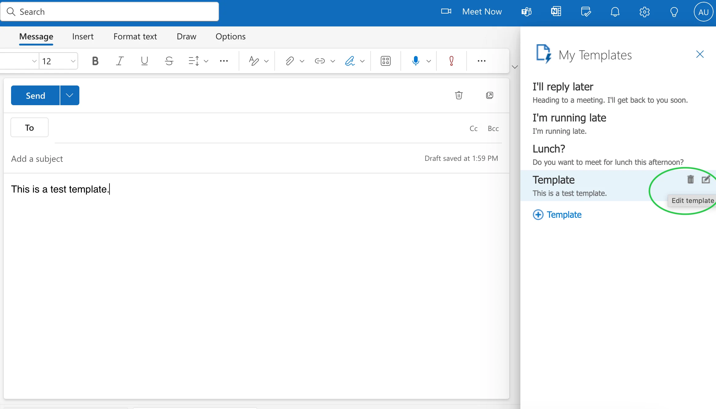 A screenshot of Outlook website with Edit template highlighted