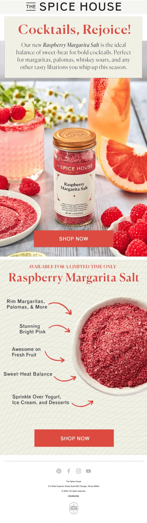 A Cinco de Mayo email with the headline “Cocktails, rejoice!” and a picture of raspberries, grapefruit, and a glass jar with pink salt