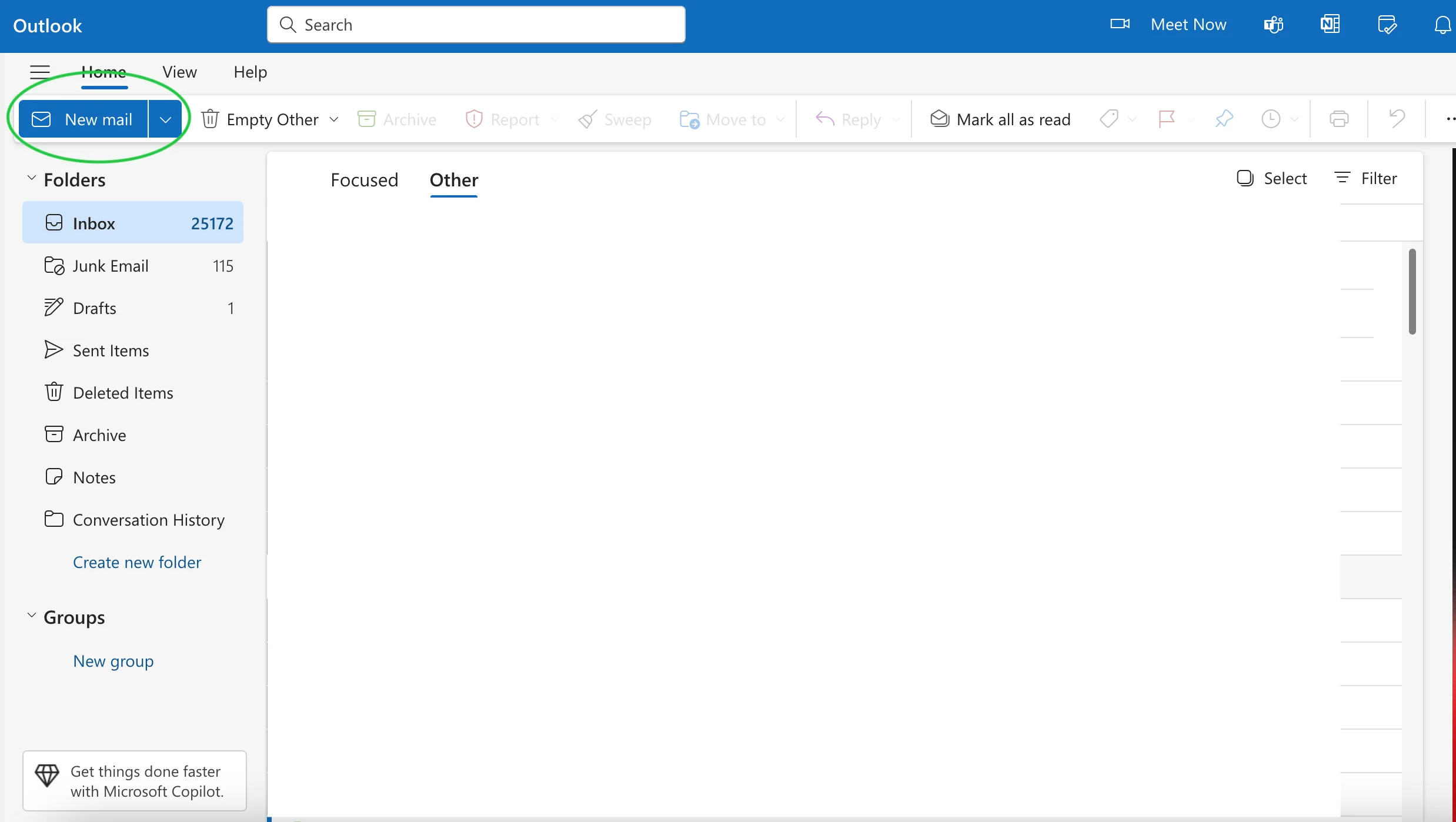 A screenshot of an Outlook.com inbox with the New mail button highlighted