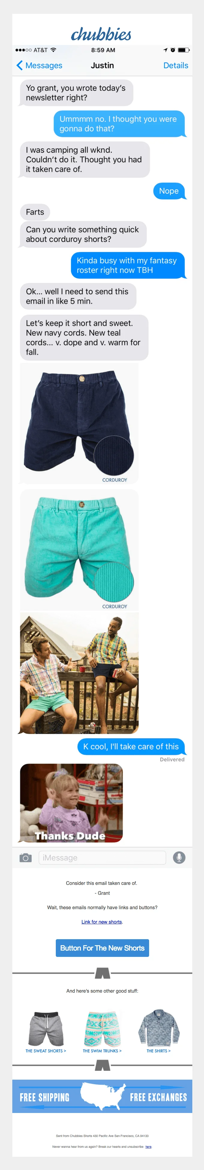 A Chubbies email that includes messages between the brandβs marketing team members that discuss the last-minute sending of a promotional email.